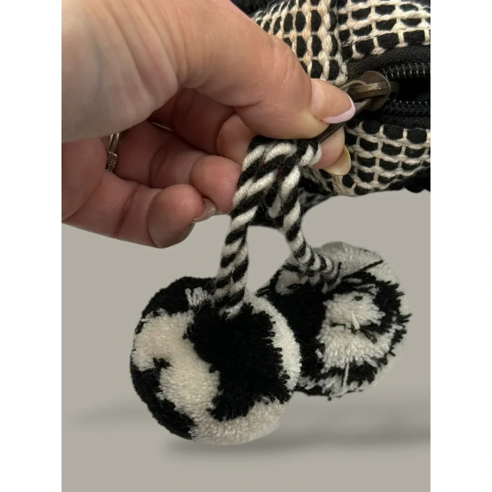 Boho Black White Geometric Tufted Pouch Pom Pom Tassel Makeup Bag Clutch India
